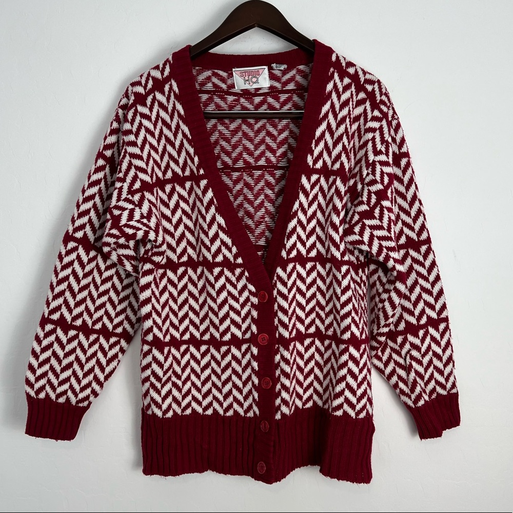 Vintage Studio HQ Red White Geometric Cardigan Sweater 80s Made in Hong Kong